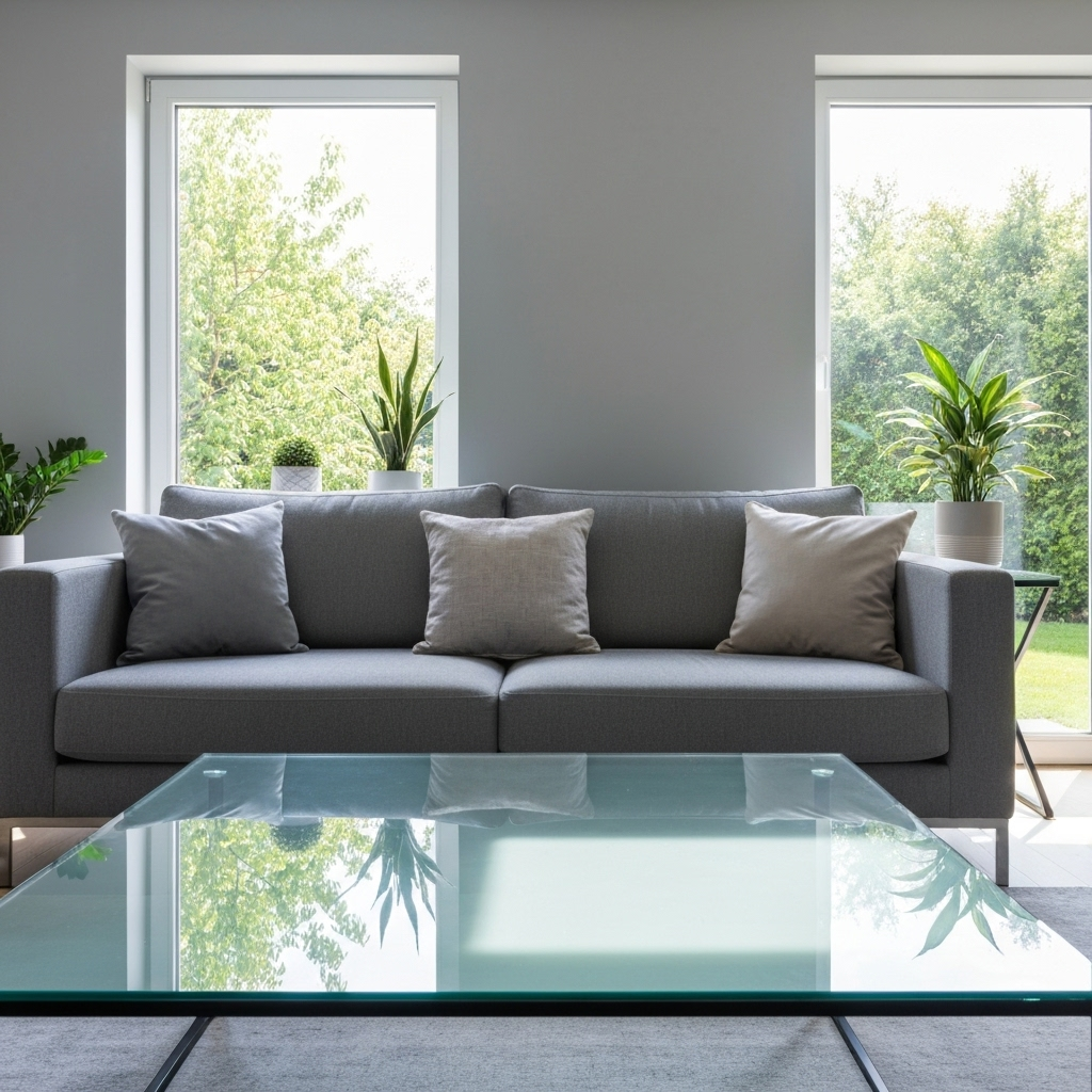 Modern clean living room with gray sofa and glass coffee table