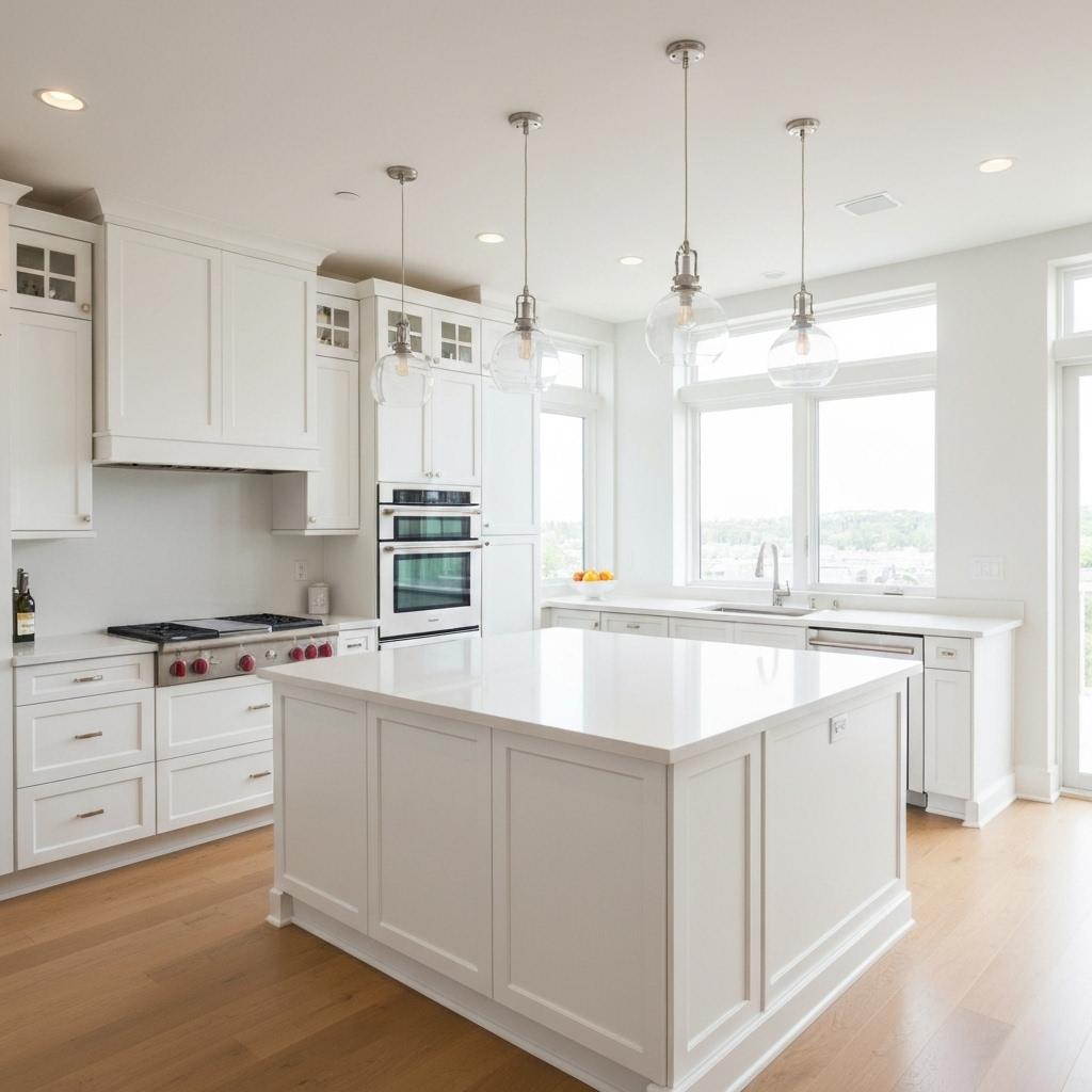 Modern white kitchen with pendant lights and clean countertops